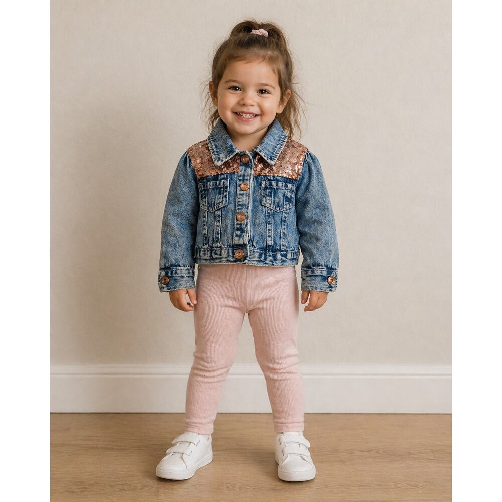 Little Lass Denim Jacket 2T Pink Sequin Puff Sleeve Cropped Jean